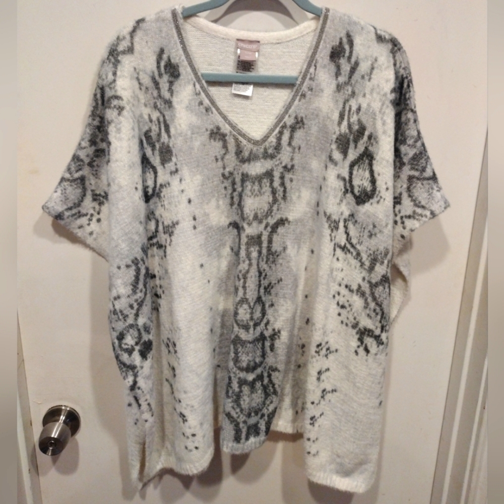 Chico's Fuzzy Beaded V-Neck Snakeskin Print Sweater Poncho S/M-Old Money Mobwife